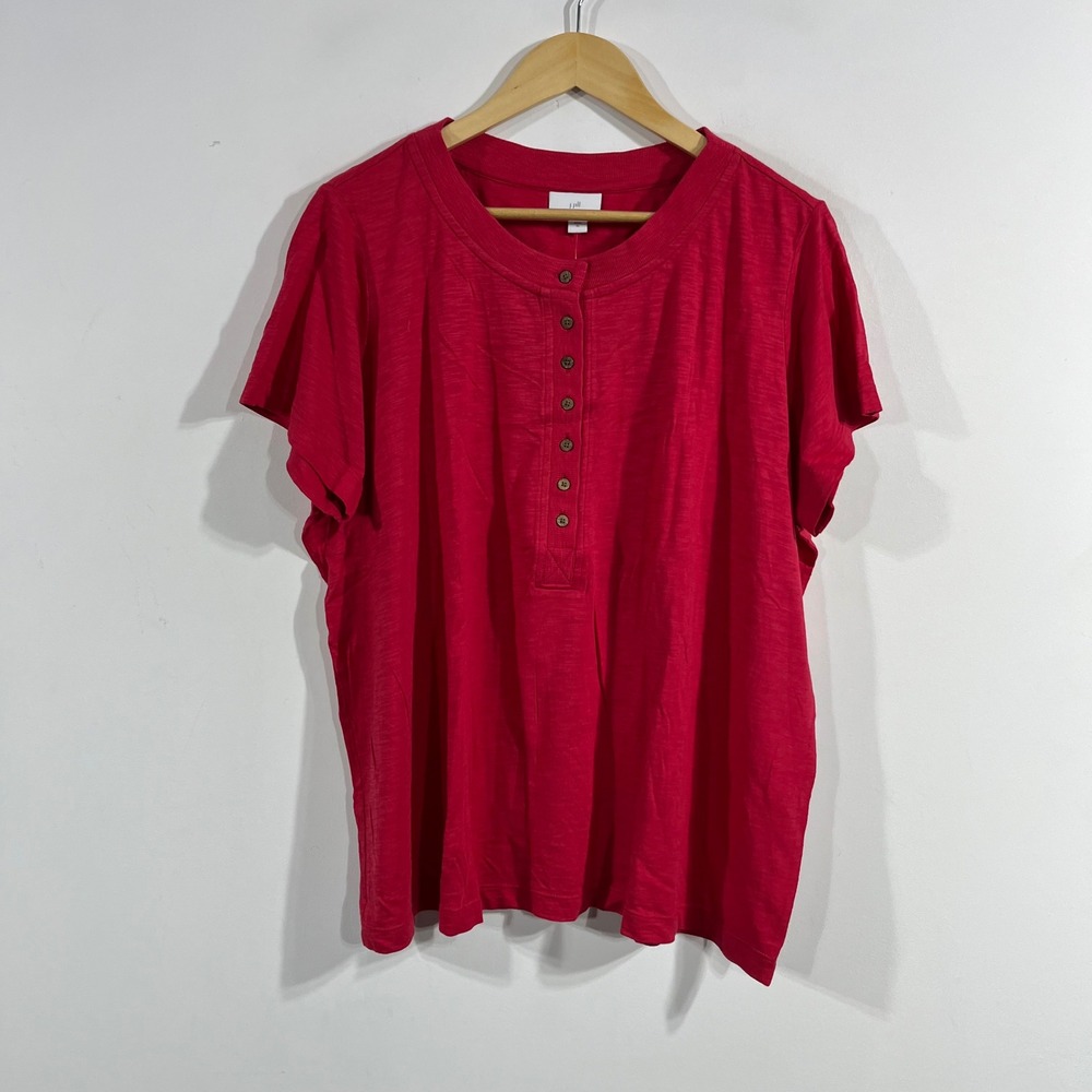 J.Jill Women Red Slub Knit Henley Short Sleeve Top XL Cotton Tencel Cabin Lounge